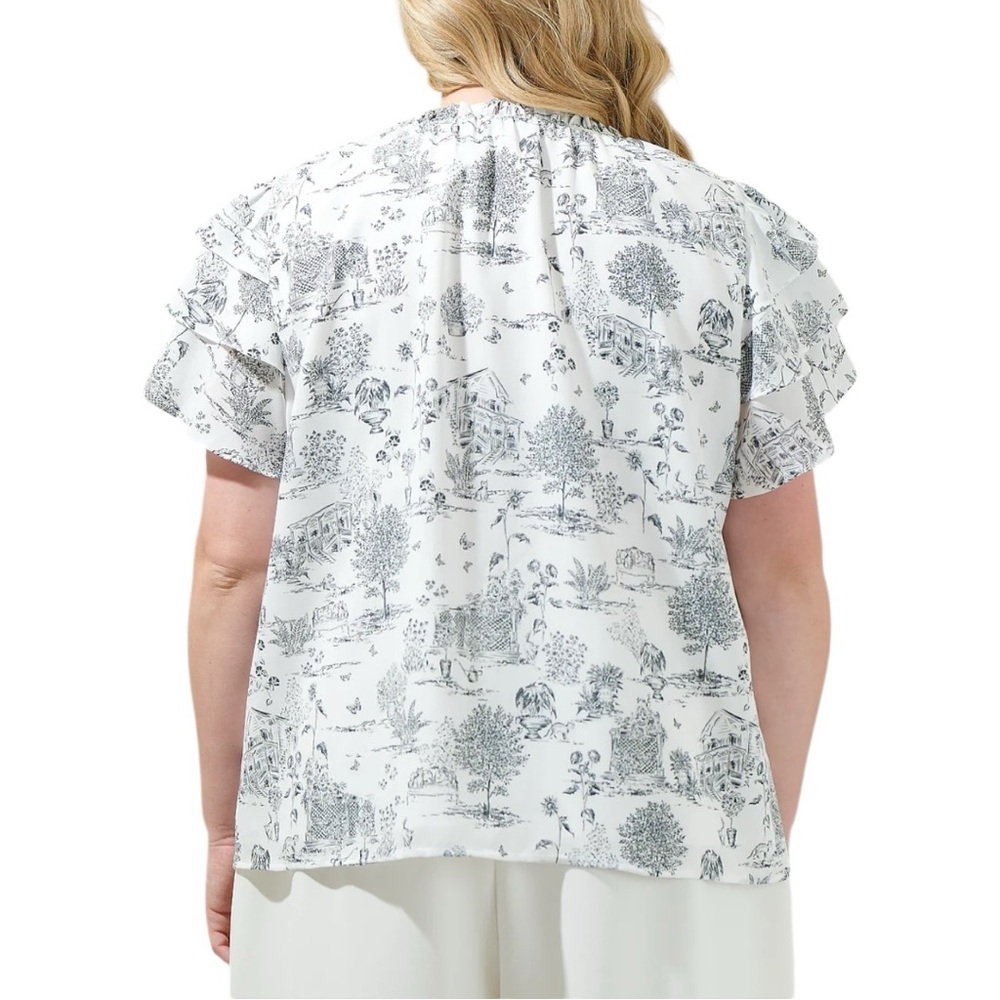 Sugarlips Renzo Toile Ruffle Blouse Short Flutter Sleeves size 2X Keyhole V Neck - Picture 2 of 11